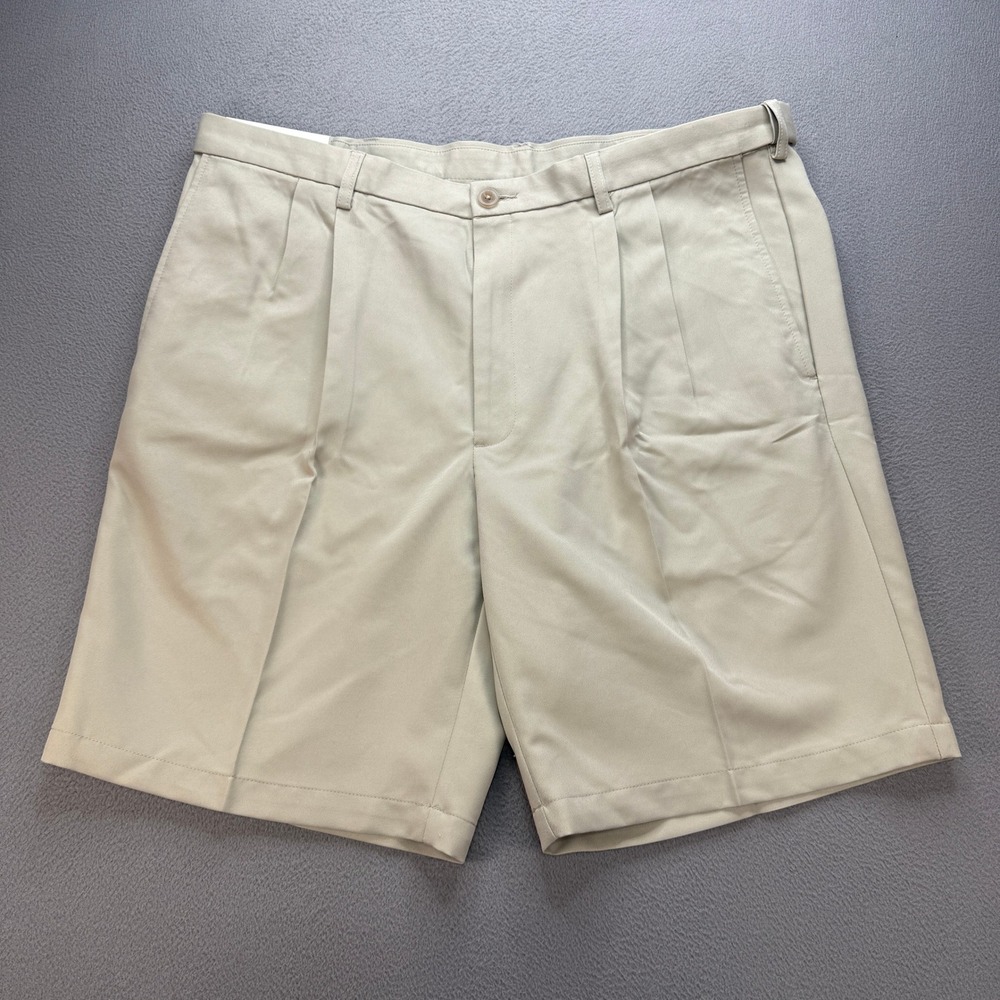Haggar Cool 18 Gab Shorts Mens 40 Tan Khaki Polyester Pleated Expandable NWT